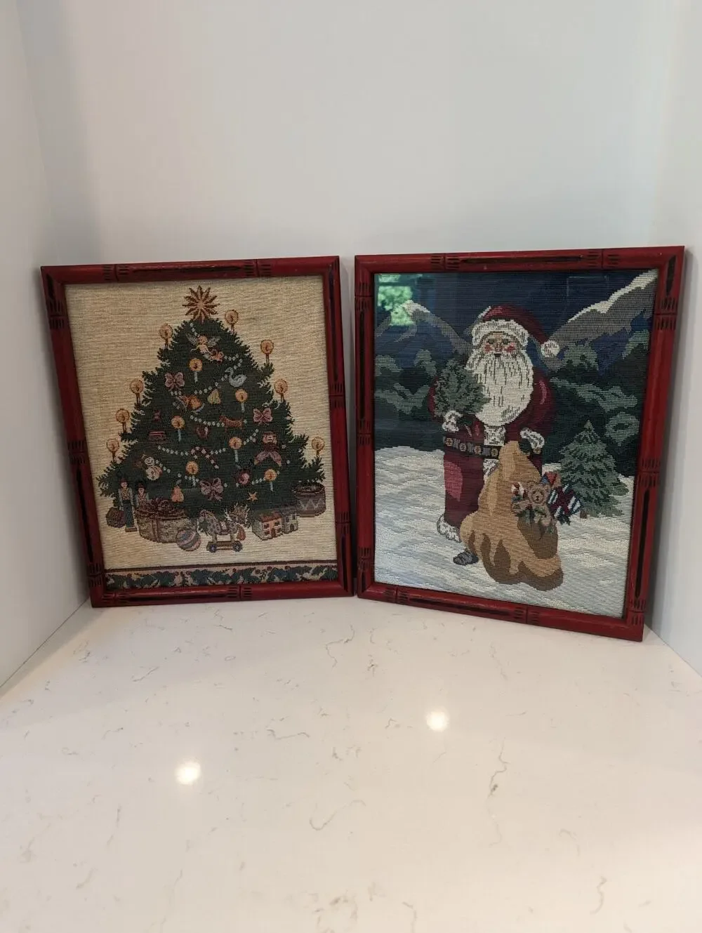 Bamboo Red Framed Christmas Tapestries Santa Tree Holiday Maximalist Vintage
